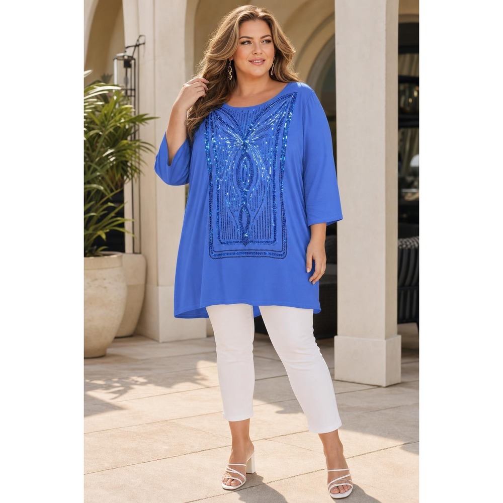 Bob Mackie NEW Top Women's XXL Blue Sequin Butterfly Tunic Wearable Art